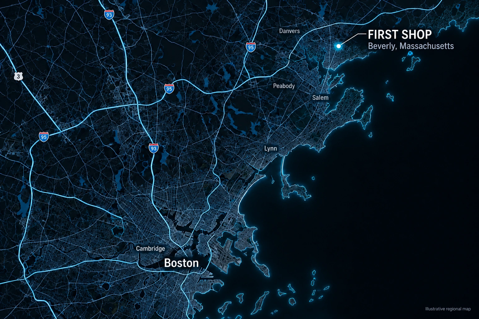 Illustrative map of Boston's North Shore highlighting Liberty's first shop in Beverly, Massachusetts