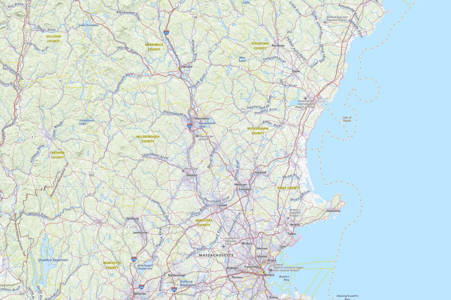 USGS regional map of southern New Hampshire and northeastern Massachusetts, locating the former Liberty shop at 7 Nadeau Drive in Rochester, north of Dover, Portsmouth and Boston.