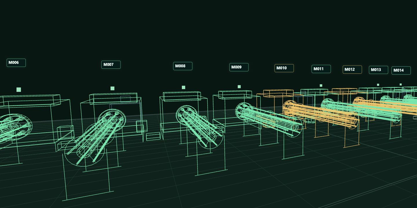 LibertyNet 3D shop-floor view with simulated machine statuses